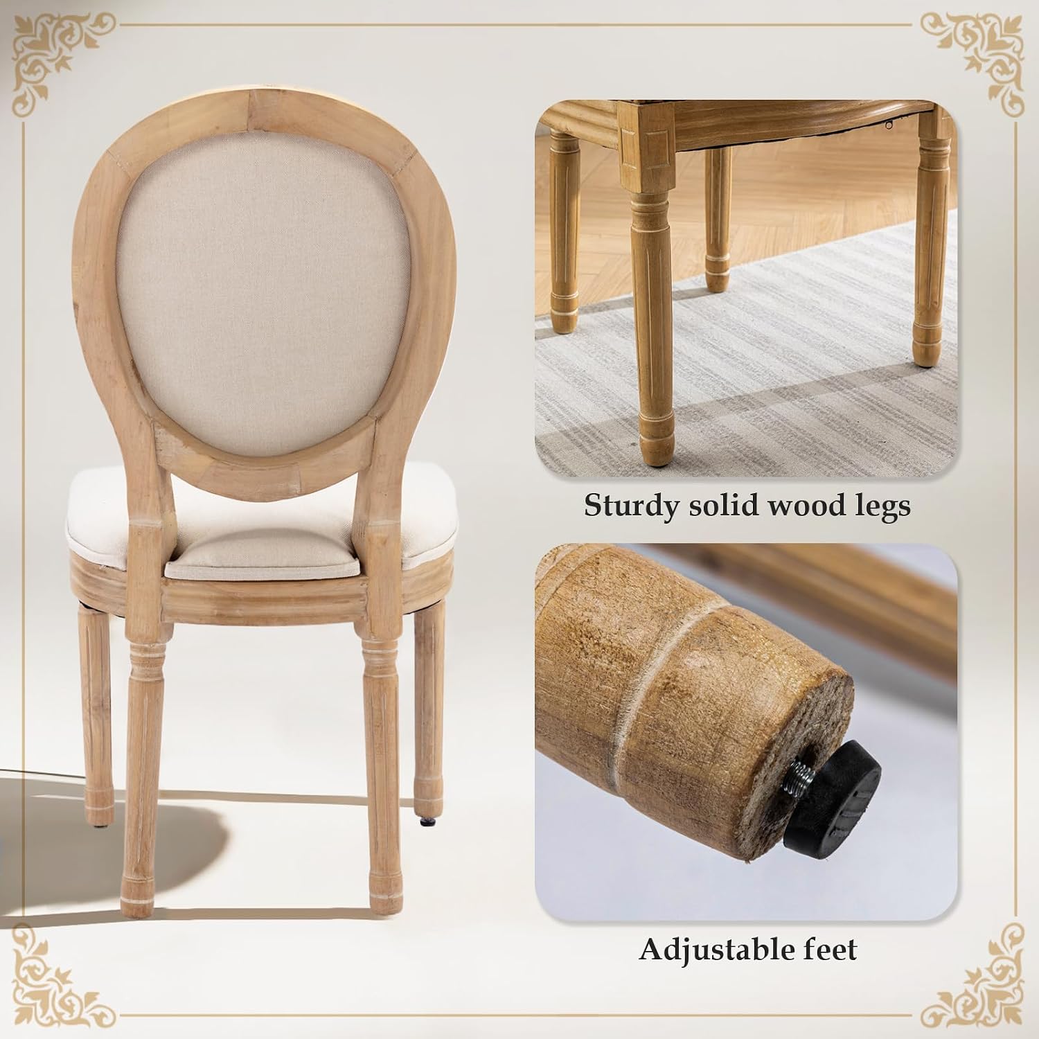 SoarFlash French Dining Chairs Set of 6, Vantage Linen Dining Chair with Round Back, Farmhouse Country Dining Chair for Living Room,Kitchen,Bedroom,Beige