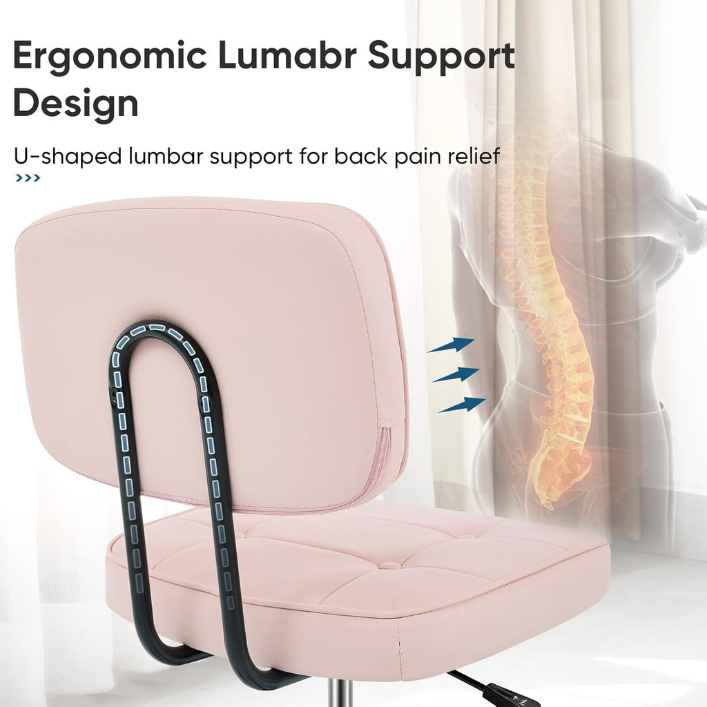 DUMOS Home Office Desk Chair - Ergonomic Armless PU Leather Computer Rolling Task Chair，with Comfy Lumbar Support and Height Adjustable, 360° Swivel, Vanity, Bedroom, Pink