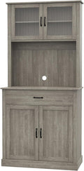 Farmhouse Pantry Cabinet, 71" Tall Kitchen Hutch Cabinets with Storage Drawer, Open Countertop, Glass Doors, Adjustable Shelves, Cable Hole for Dining Room, Living Room, Ash Grey
