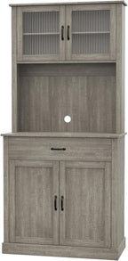 Farmhouse Pantry Cabinet, 71" Tall Kitchen Hutch Cabinets with Storage Drawer, Open Countertop, Glass Doors, Adjustable Shelves, Cable Hole for Dining Room, Living Room, Ash Grey