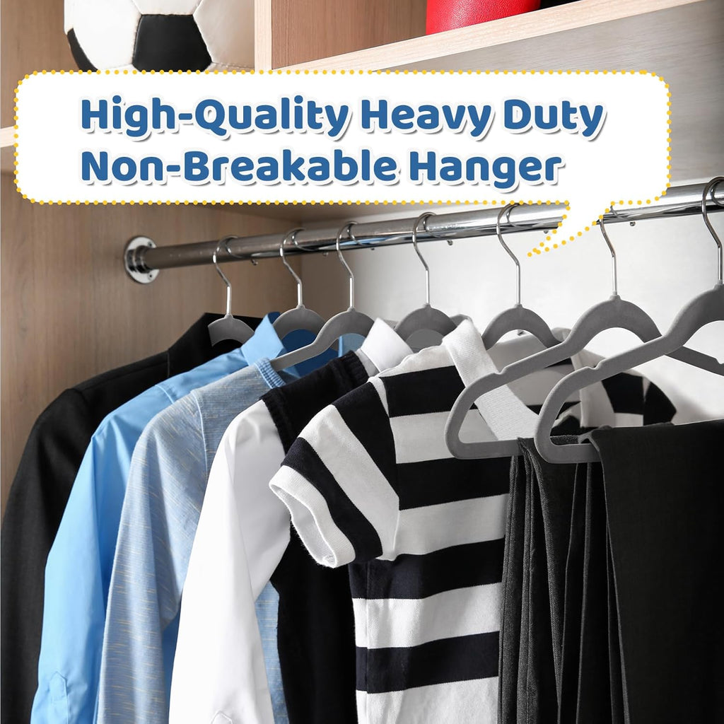 Premium 14 Inch Kids Hangers 100 Pack, Grey Baby Velvet Hanger, Non Slip, Space Saving Felt Hangers Clothes Organizers for Closet with 360° Swivel Hook for Children, Toddler & Teens