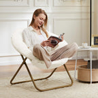 DUMOS Comfy Saucer Chair, Faux Fur Lounge Seasting XL Circle Chair for Bedroom, Dorm & Gaming, Foldable Fashion Accent Seat for Small Spaces, Folding Moon/Mushroom/Round Oversized Style,White