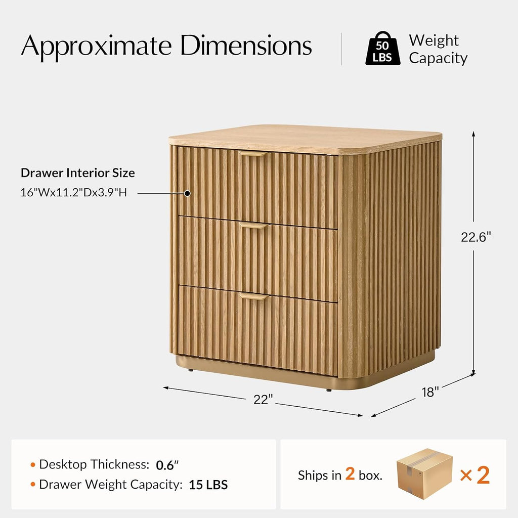 Fluted End Table Set of 2 with 3 Drawers, Solid Wood End Tables with Charging Station, USB Type-C Ports & Metal Base, Modern Beside Tables for Living Room, Natural