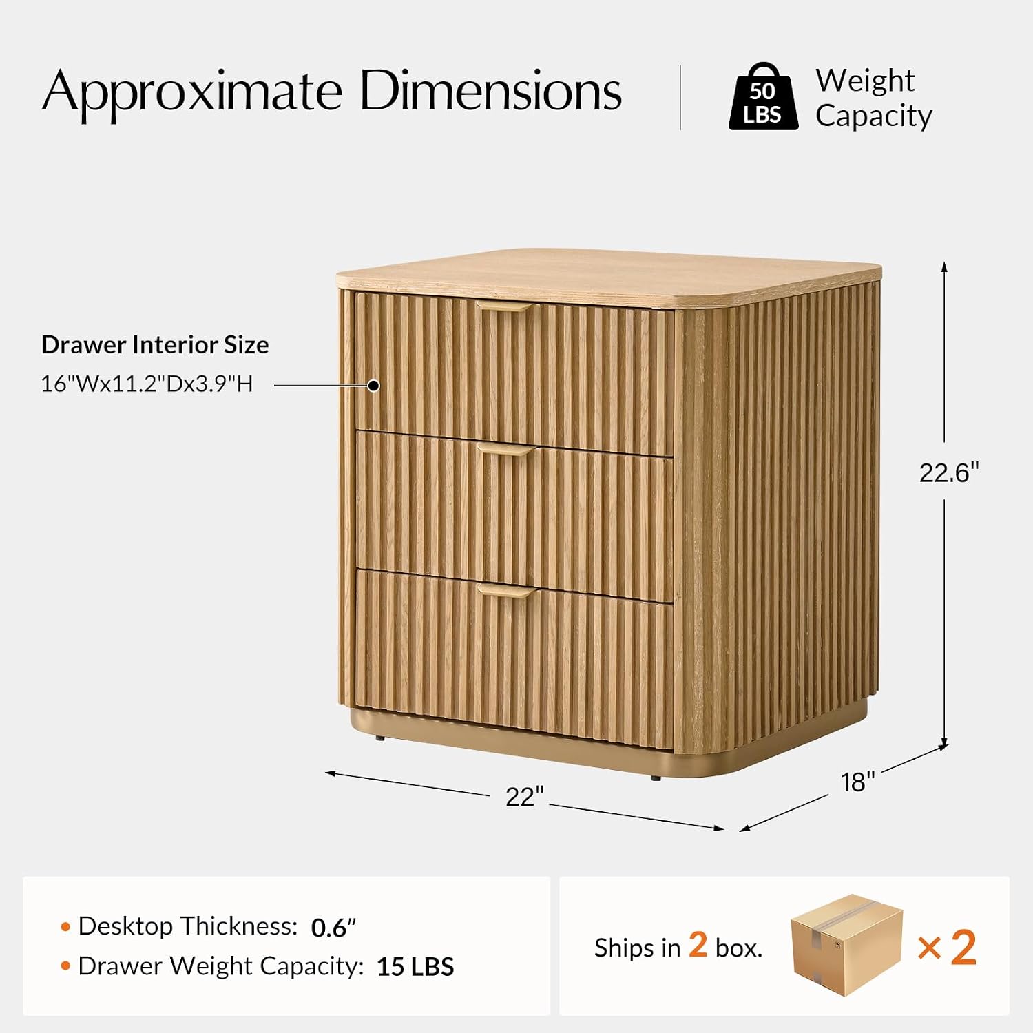 Fluted End Table Set of 2 with 3 Drawers, Solid Wood End Tables with Charging Station, USB Type-C Ports & Metal Base, Modern Beside Tables for Living Room, Natural