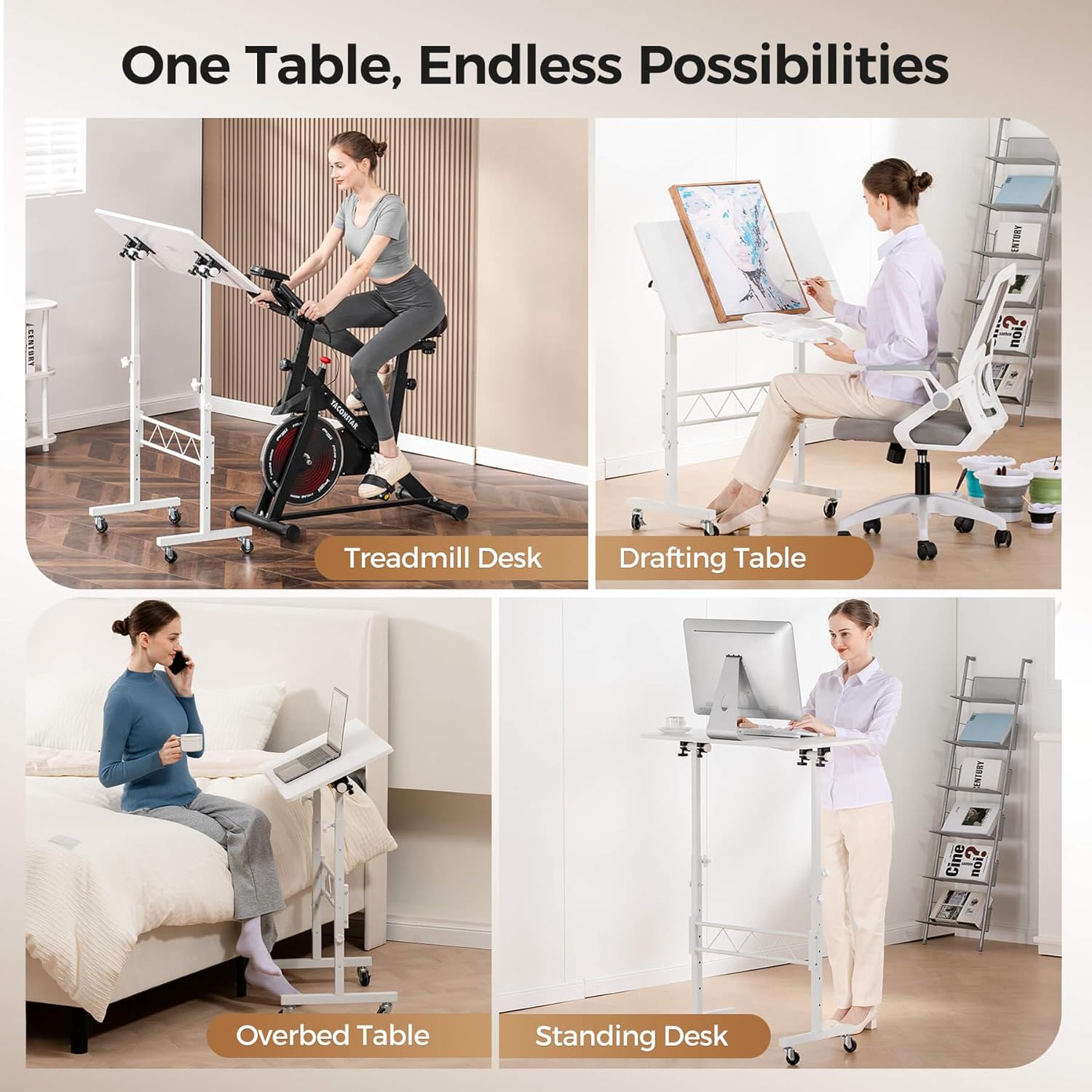 COMHOMA Standing Desk Adjustable Height & Tiltable Tabletop, Portable Stand Up Desk for Laptop, Mobile Folding Desk for Home Office Work and Walking Pad Treadmill, Height 30.7"-46.4", White