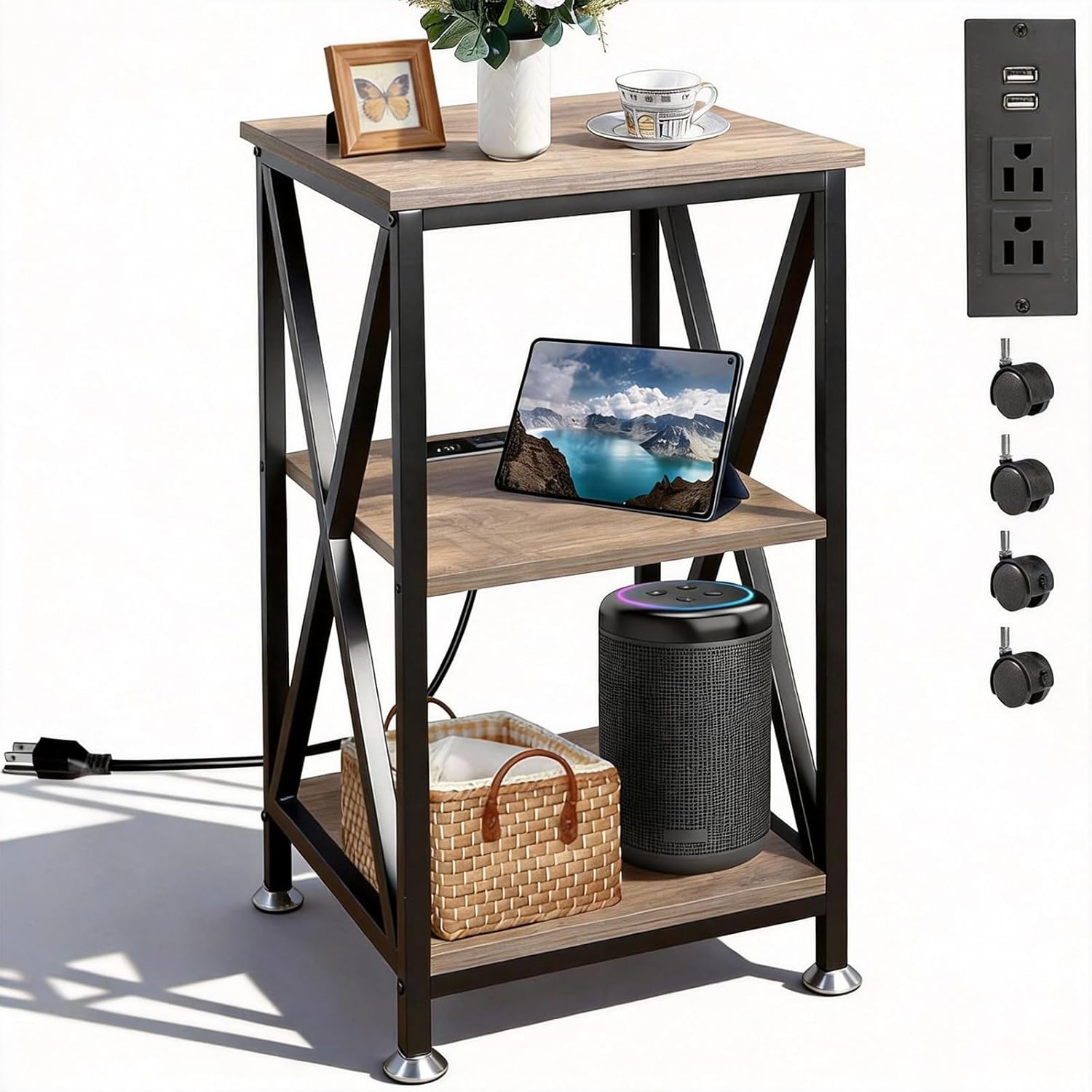 Square End Table with Charging Station, 3-Tier End Table Living Room, 16" D X 16" W X 28" H, Wood and Metal Table with USB Ports and Outlets, Side Table with Wheels for Living Room, Bedroom, Grey