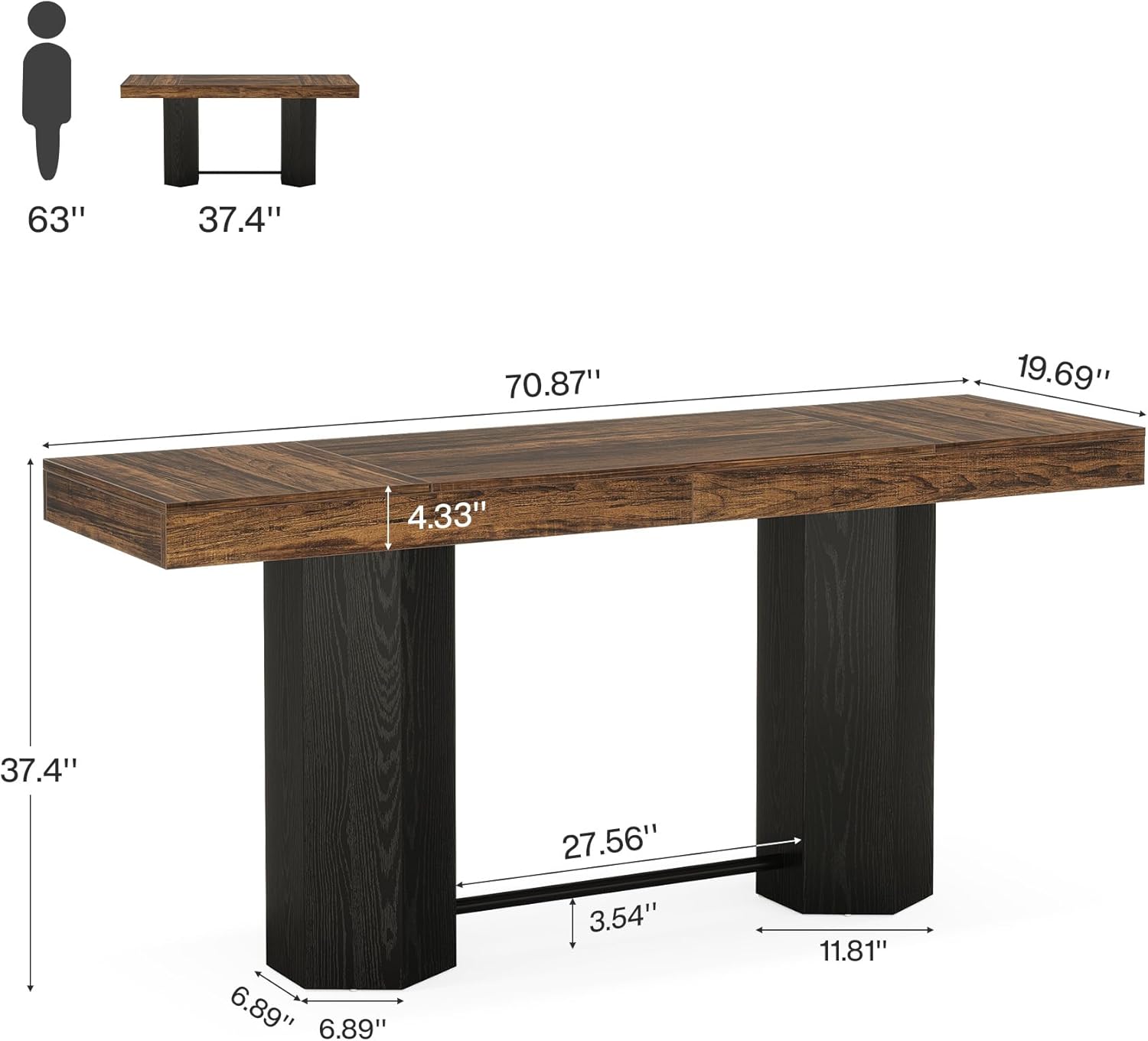 Tribesigns 70.9" Extra Long Bar Table, Industrial Counter Height Table, Rectangular Bar Height Tables with Metal Footrest for Kitchen Dining Room, Living Room, Pub (Rustic Brown & Black)