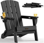 Folding Adirondack Chair, HDPE Adirondack Chairs with 2 Cup Holder, Plastic All-Weather Fire Pit Chairs, Outdoor Lawn Chair for Patio Garden (Black)