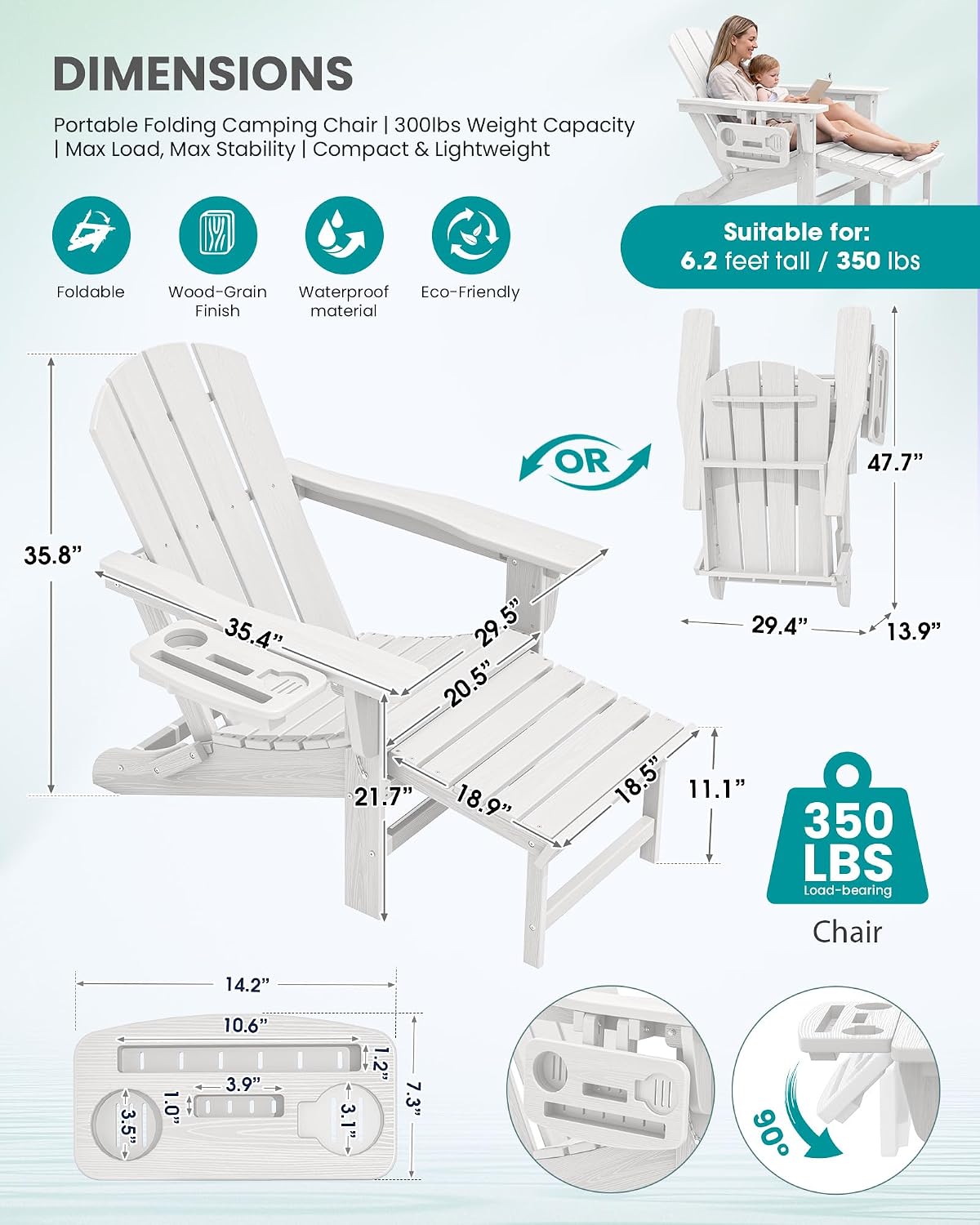 SERWALL Folding Adjustable Adirondack Chairs with Footrest Set of 2, HDPE Outdoor Chair with 4-in-1 Cup Holders, All Weather Adirondack Chair with Ottoman, White