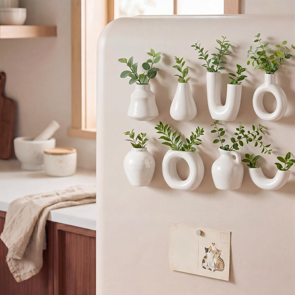 Hushee 8 Pcs Small White Ceramic Vase Fridge Magnets, 2.36 Inch Minimalist Nordic 3D Plant Magnets for Refrigerator, Modern Boho Cute Magnetic Mini Bud Decorative Vases for Kitchen Office Locker Decor