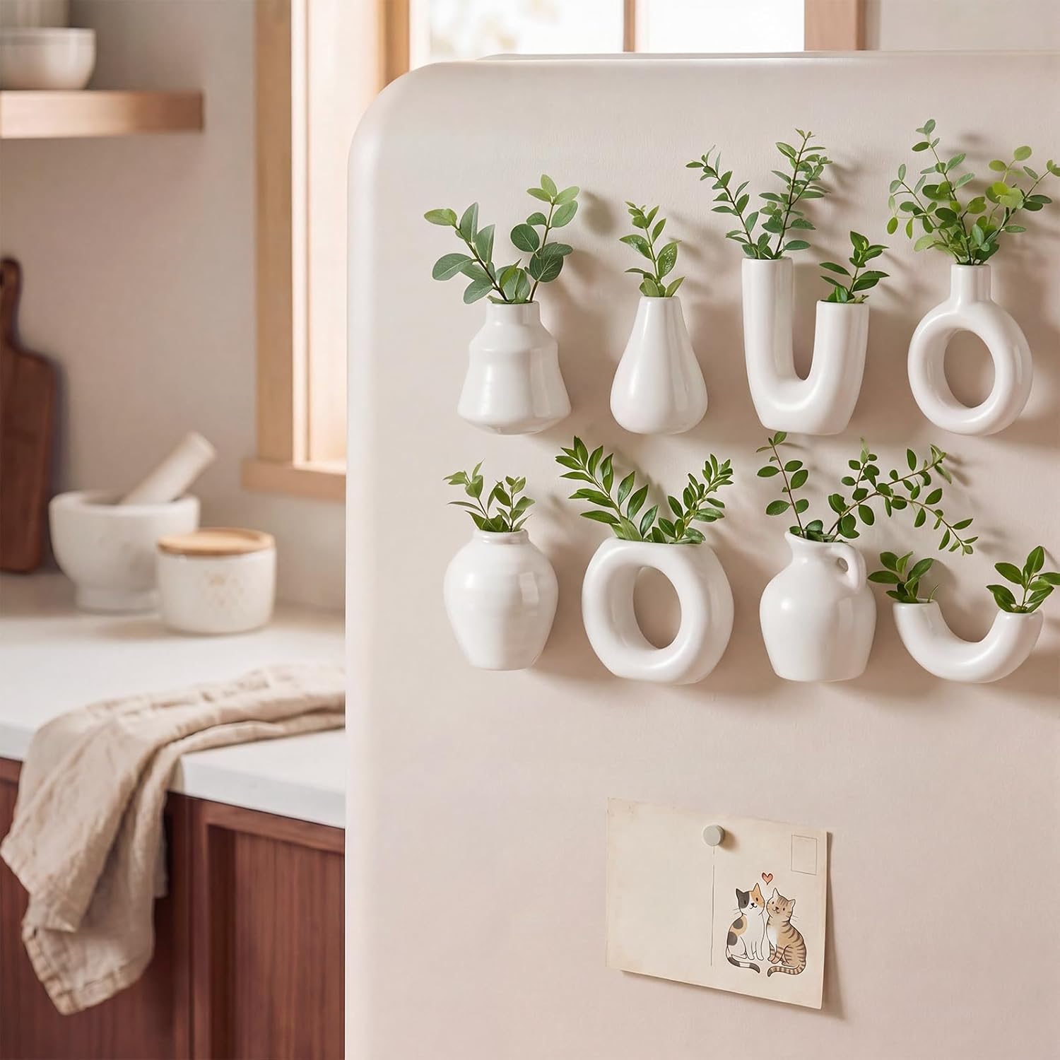 Hushee 8 Pcs Small White Ceramic Vase Fridge Magnets, 2.36 Inch Minimalist Nordic 3D Plant Magnets for Refrigerator, Modern Boho Cute Magnetic Mini Bud Decorative Vases for Kitchen Office Locker Decor