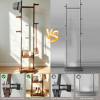 Solid Wood Coat Rack with Wheels - 2-Tier Freestanding Clothing Rack with 5 Hooks & Storage Shelves, Heavy Duty Rolling Clothes Stand for Entryway, Bedroom, Corner
