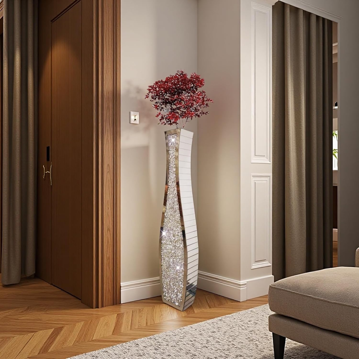36" Extra Tall Double Sided Crushed Diamond Vases, Mirrored Silver Vase,Floor Vases Decorative Tall, Large Decorative Vase for Home,Office,Hotel Decor(7.72" L x4.33 W x 36" H)