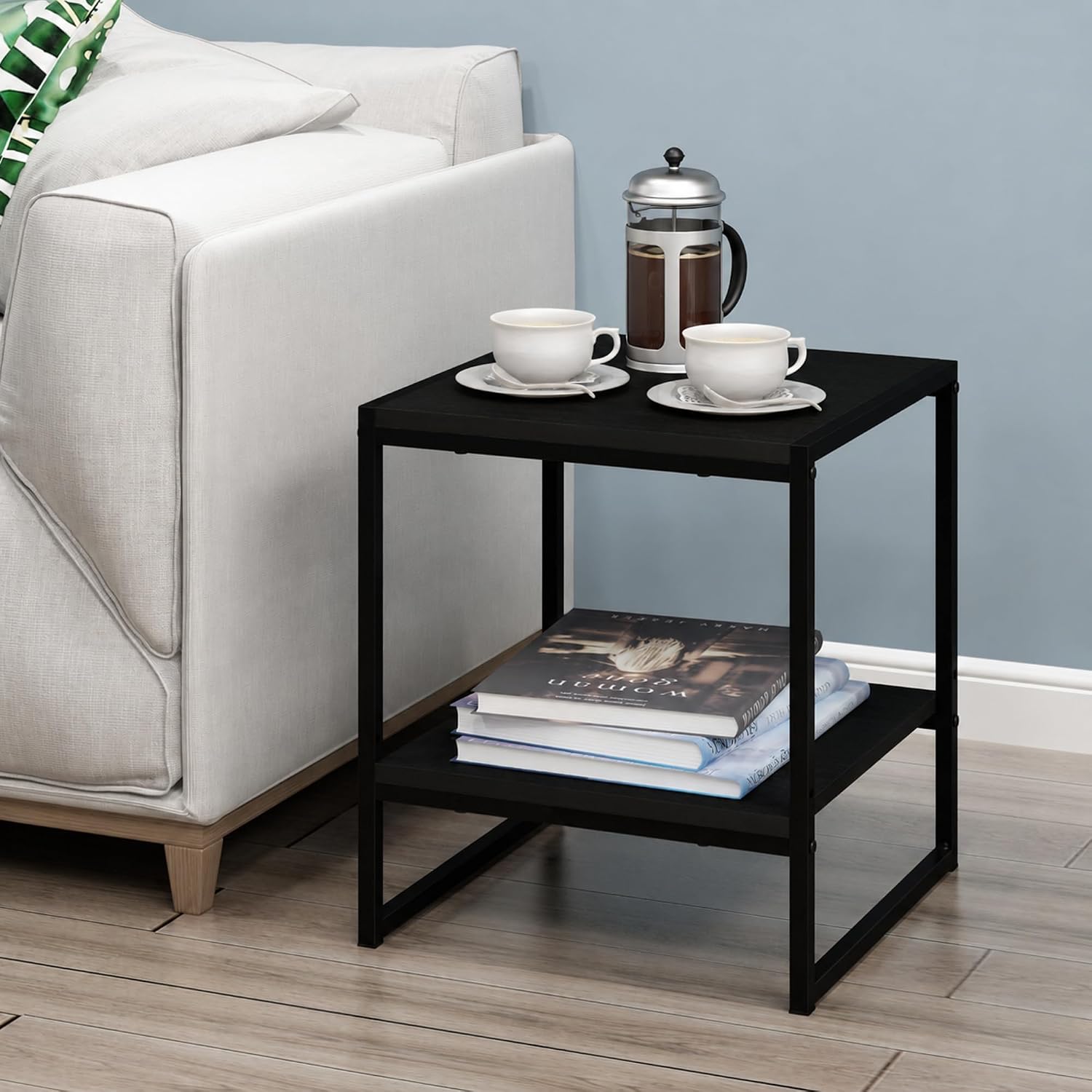 Furinno Camnus Side Table, 2-Tier Black End Table with Metal Frame, Square Night Stand with Open Shelf, Bedside Table, Easy Assembly, for Living Room, Bedroom, Dark Americano