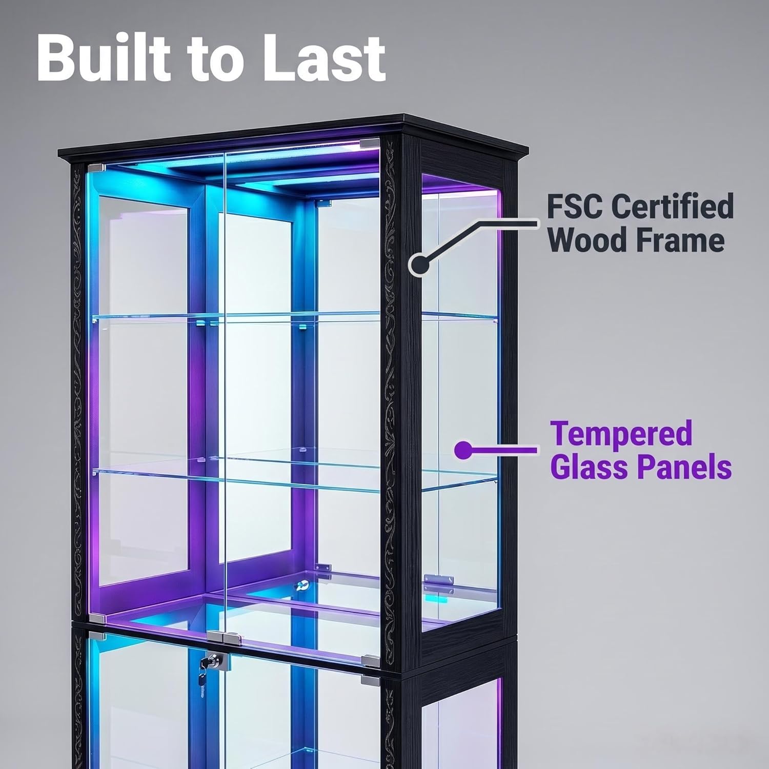 71" Tall Glass Door Display Cabinet, Curio Cabinet with RGB LED Lights, Lockable Showcase, Removable Shelves, for Collectibles, Figures, Medals and Books (2, Black)
