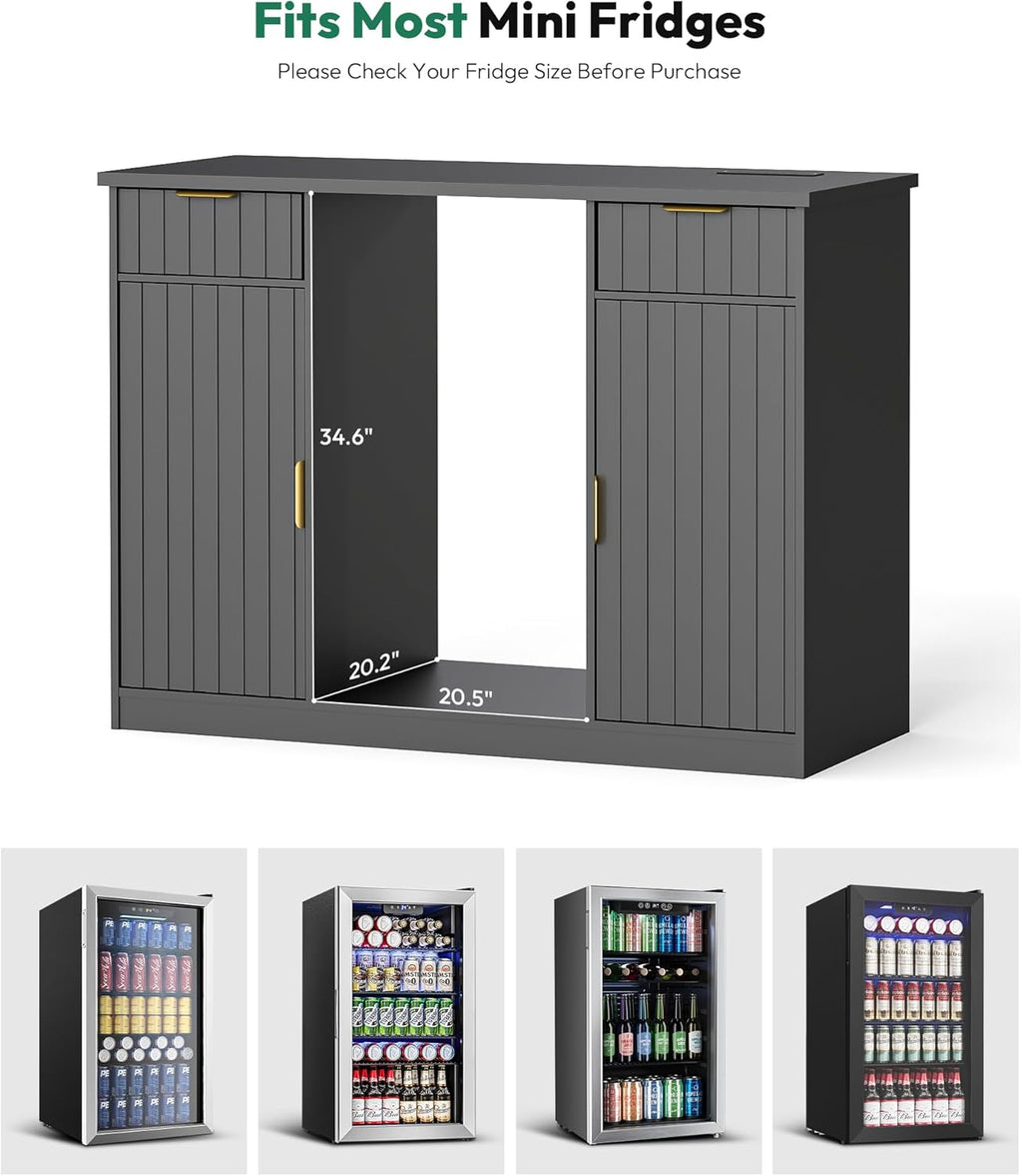 Lamtor Coffee Bar Cabinet with Storage - 53" Mini Fridge Cabinet with Power Outlet, Fluted Wine Bar with Drawer & Door Storage for Kitchen Dining Room, Black