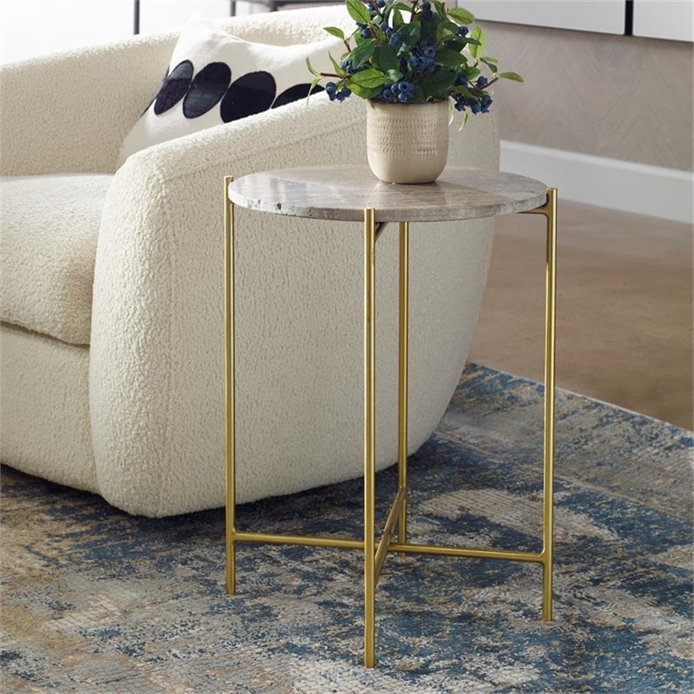 BOWERY HILL Contemporary Accent Table, 22" H x 16" W x 16" D, Dark Travertine Marble Top, Gold Iron Frame, Brown Finish, Stylish Living Room or Bedroom Side Table