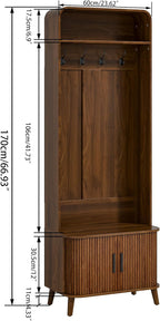 LUVIOHOME Hall Tree with Shoes Bench and Storage, Entryway 66.9" Storage Bench with Coat Rack，Arch Coat Rack with 4 Hooks and 2 Fluted Doors，Multi-Purpose Home Organizer (Walnut)