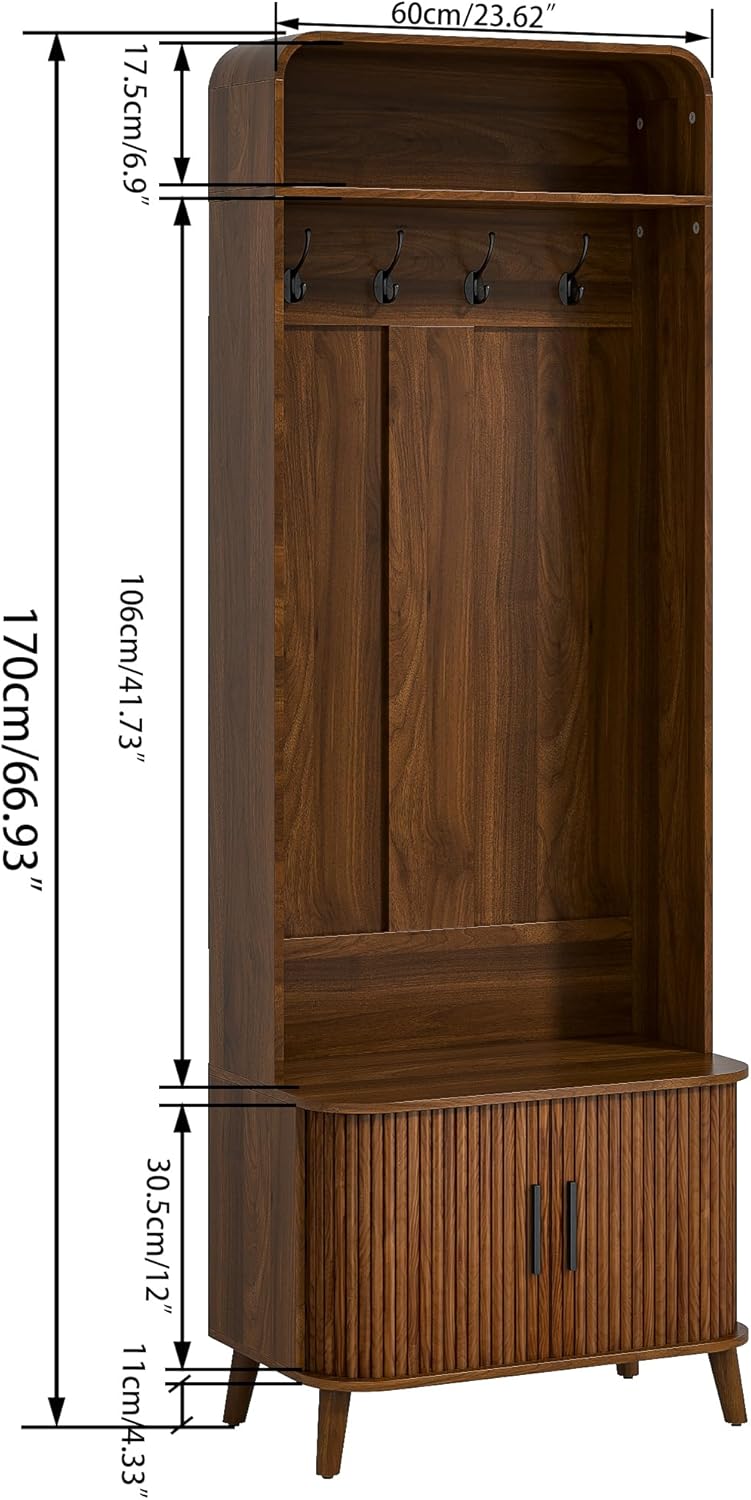 LUVIOHOME Hall Tree with Shoes Bench and Storage, Entryway 66.9" Storage Bench with Coat Rack，Arch Coat Rack with 4 Hooks and 2 Fluted Doors，Multi-Purpose Home Organizer (Walnut)