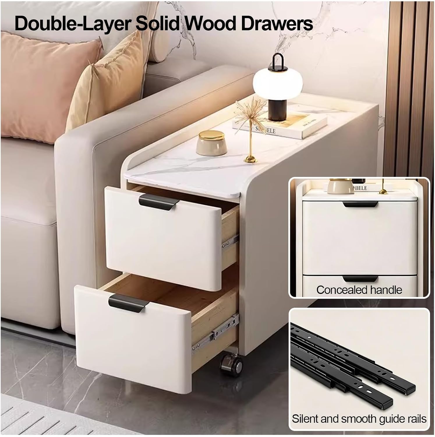 Modern Narrow Side Table with 2 Drawers, Movable Nightstand, Solid Wood Frame Leather Wrapped with Rock Slab Top, for Living Room Bedroom(Orange,31.5x15.7x23.6in)