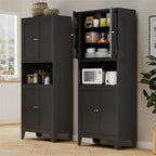 Bevivog Tall Pantry Cabinet with Microwave Shelf, 69" Metal Storage Cabinet with 4 Doors and Adjustable Shelves,Freestanding Metal Kitchen Hutch Cabinet, Black Pantry Closet Storage Shelves with Doors
