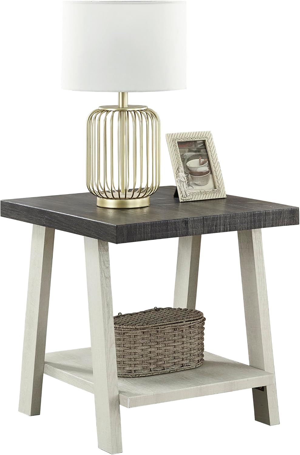 Modern Industrial Wooden End Table, 2-Tier Small Sofa Side Table with Storage for Living Room, Bedroom, Small Spaces, Charcoal + Beige