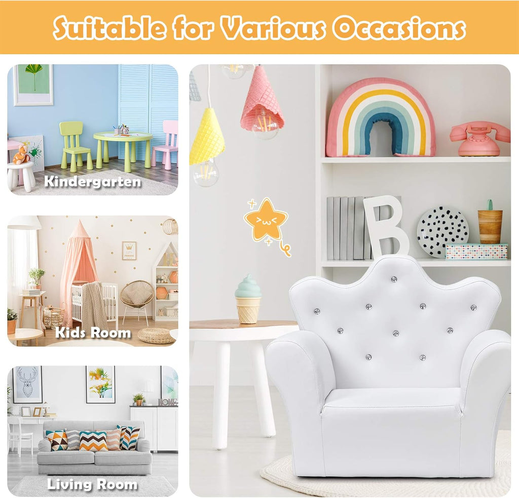 DREAMADE Kids Sofa with Ottoman, Crown-Like Kids Couch w/Comfy Armrests, Sturdy Wood Structure, PVC Leather Surface & Crystal Decoration, Toddler Chair with Footstool, Ideal for Princess 3-5 (White)