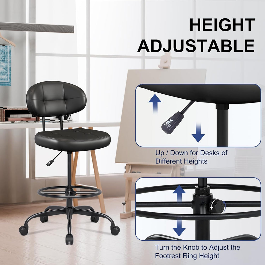 Misolant Drafting Chair Without Arms, Tall Office Chair with Footrest Ring for Standing Desk, Small Faux Leather Executive Office Chair with Adjustable Height for Bar Lab Counter Height Desk, Black