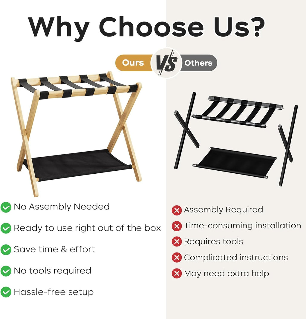 26.77" Full Assembled Luggage Rack for Guest Room, Set of 2 Bamboo Foldable Suitcase Stand, Bedroom & Hotel, Folding Luggage Holder with 5 Nylon Straps, 600D Oxford Fabric Shelf Natural Wood