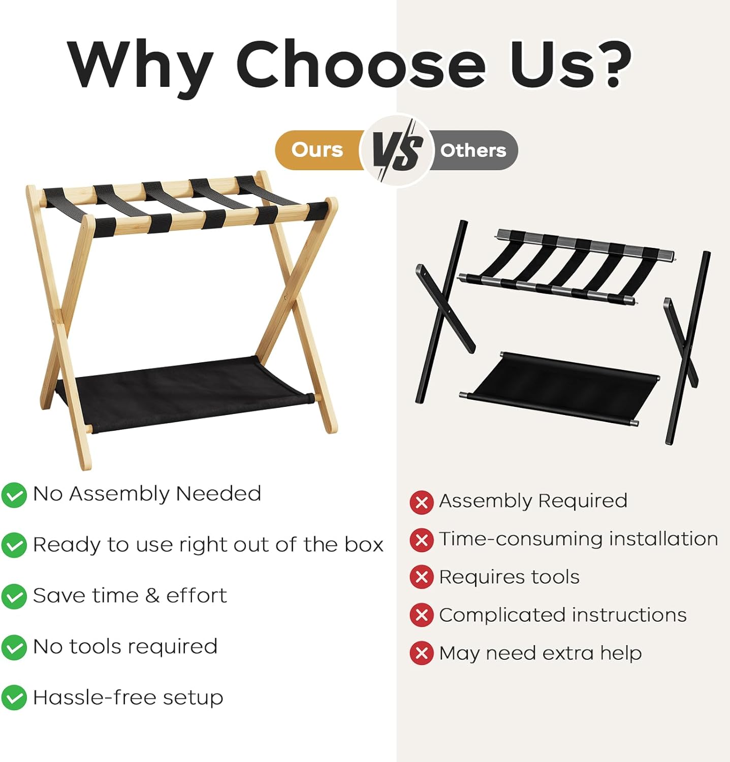 26.77" Full Assembled Luggage Rack for Guest Room, Set of 2 Bamboo Foldable Suitcase Stand, Bedroom & Hotel, Folding Luggage Holder with 5 Nylon Straps, 600D Oxford Fabric Shelf Natural Wood