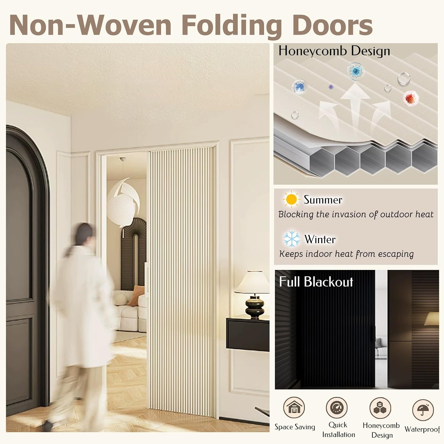 H 80 85 90 95 in Foldable Sliding Door Without Drilling, Trackless Collapsible Door for Bathroom/Kitchen, Honeycomb Accordion Door, Insulated from Cold or Hot Air(White,60x95in)