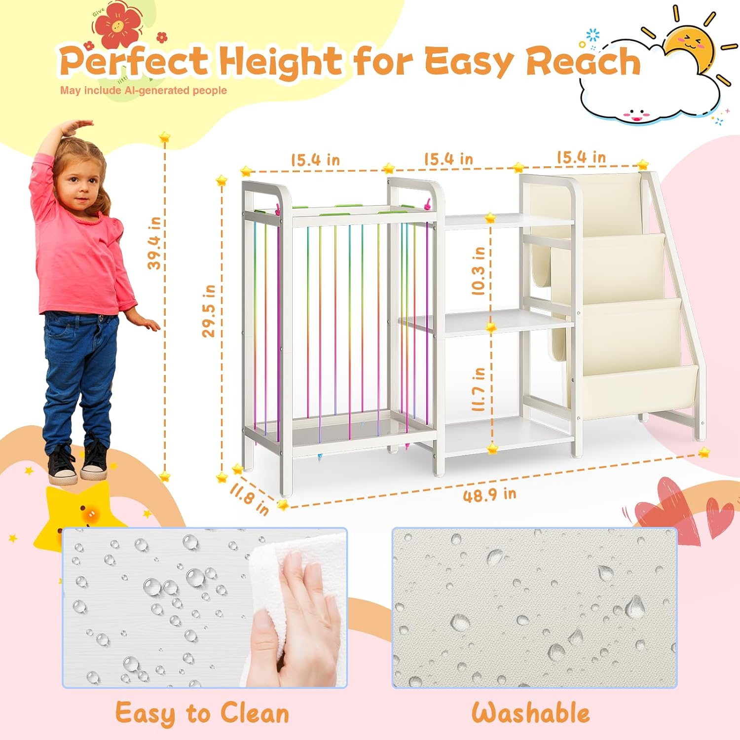 B1 Kids Bookshelf and Toy Storage, 3-Tier Book Shelf for Kids Rooms, Sling Baby Bookcase with Stuffed Animal Storage, Montessori Toddler Bookshelf for Nursery, Bedroom, Playroom, White