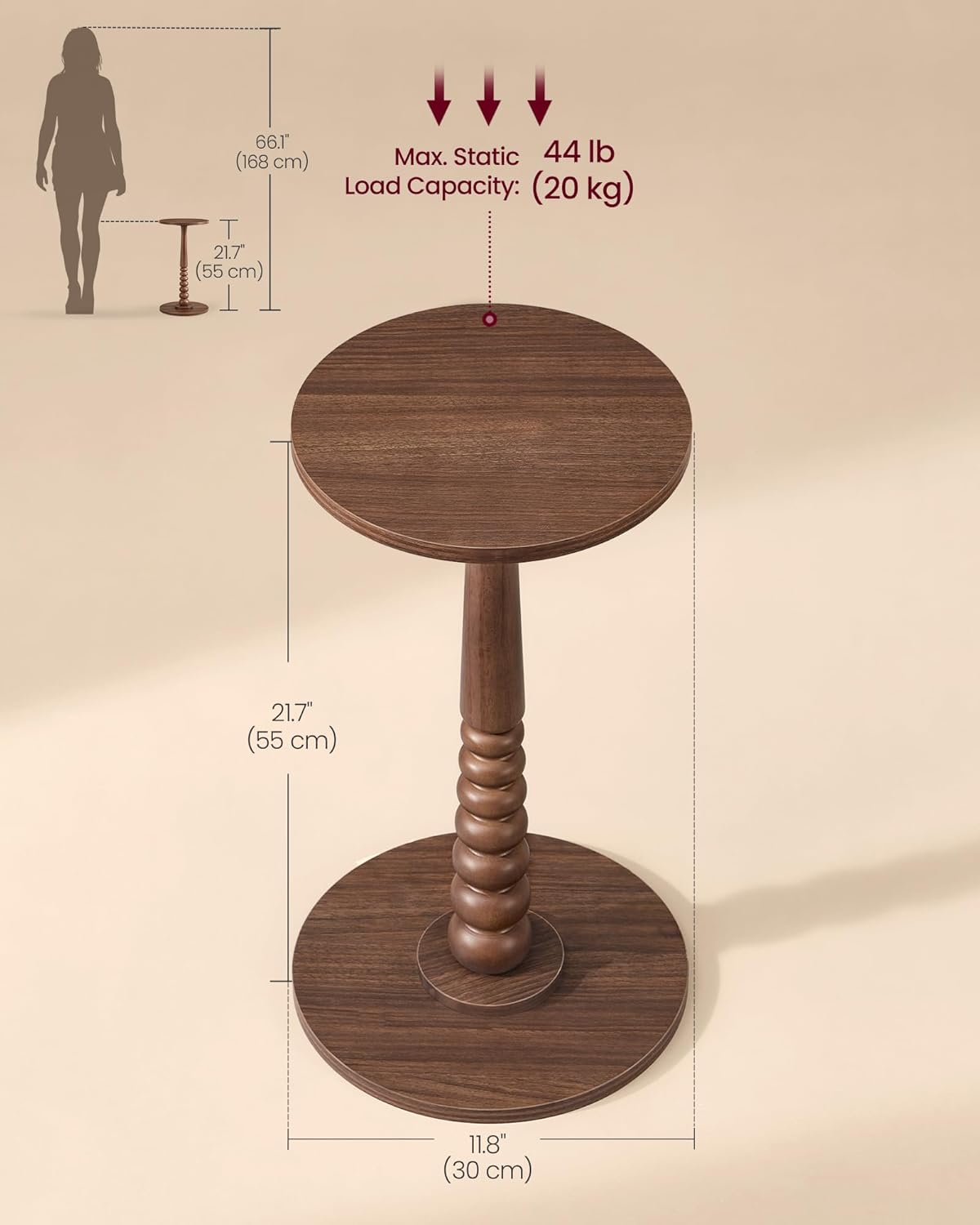VASAGLE MARIEL Collection - Round Side Table, Small Drink End Table for Small Spaces, Accent Nightstand, Solid Wood Leg, Mid-Century Modern, for Living Room Bedroom, Chestnut Walnut ULET293KX01S