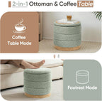 Round Storage Ottoman with Reversible Tray Lid, Folding Chenille Fabric Footrest with Hidden Storage, 15.4" Footstool for Small Spaces Living Room Bedroom, Wood Grain Base, Sage Green