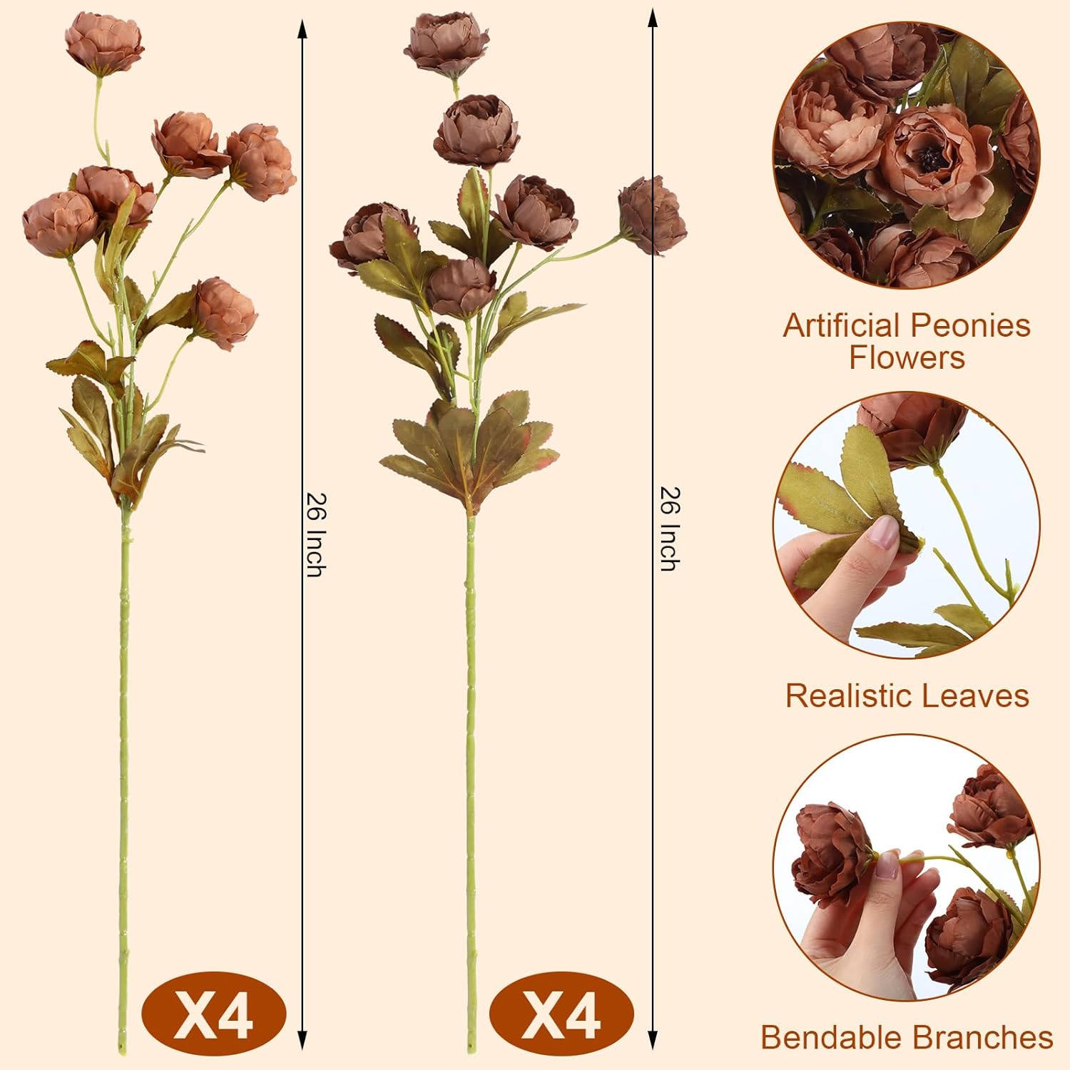 Yinder 8 Pcs Artificial Peonies Stems, 26'' Faux Peony Branch Vintage Silk Flowers for Vase Filler, Fall Home Decor, Rustic Farmhouse Wedding Table Centerpiece DIY Bouquet(Tan, Light Orange)