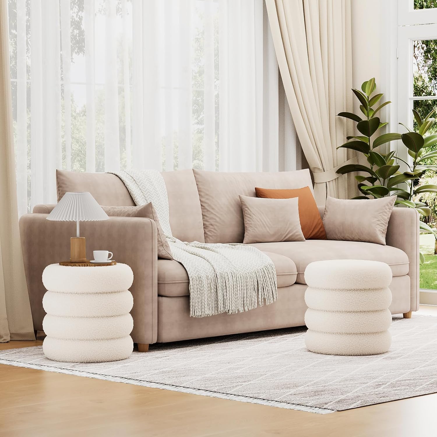 Soft Teddy Round Ottoman with Tray, 17.5 Inches Ottoman Coffee Table with Storage for Living Room, Vanity Stool with Storage Bedroom, Load up to 300 lb, No Assembly Required (White)