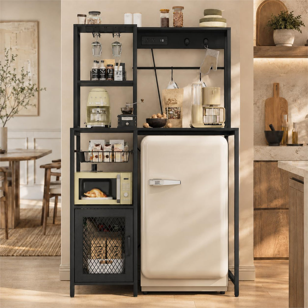 IDEALHOUSE Kitchen Bakers Rack with Refrigerator Storage Space, Industrial Microwave Stand with Power Outlet, Freestanding Kitchen Shelf for Pantry Living Room, 33.9 x 19.7 x 58.1 Inches, Black
