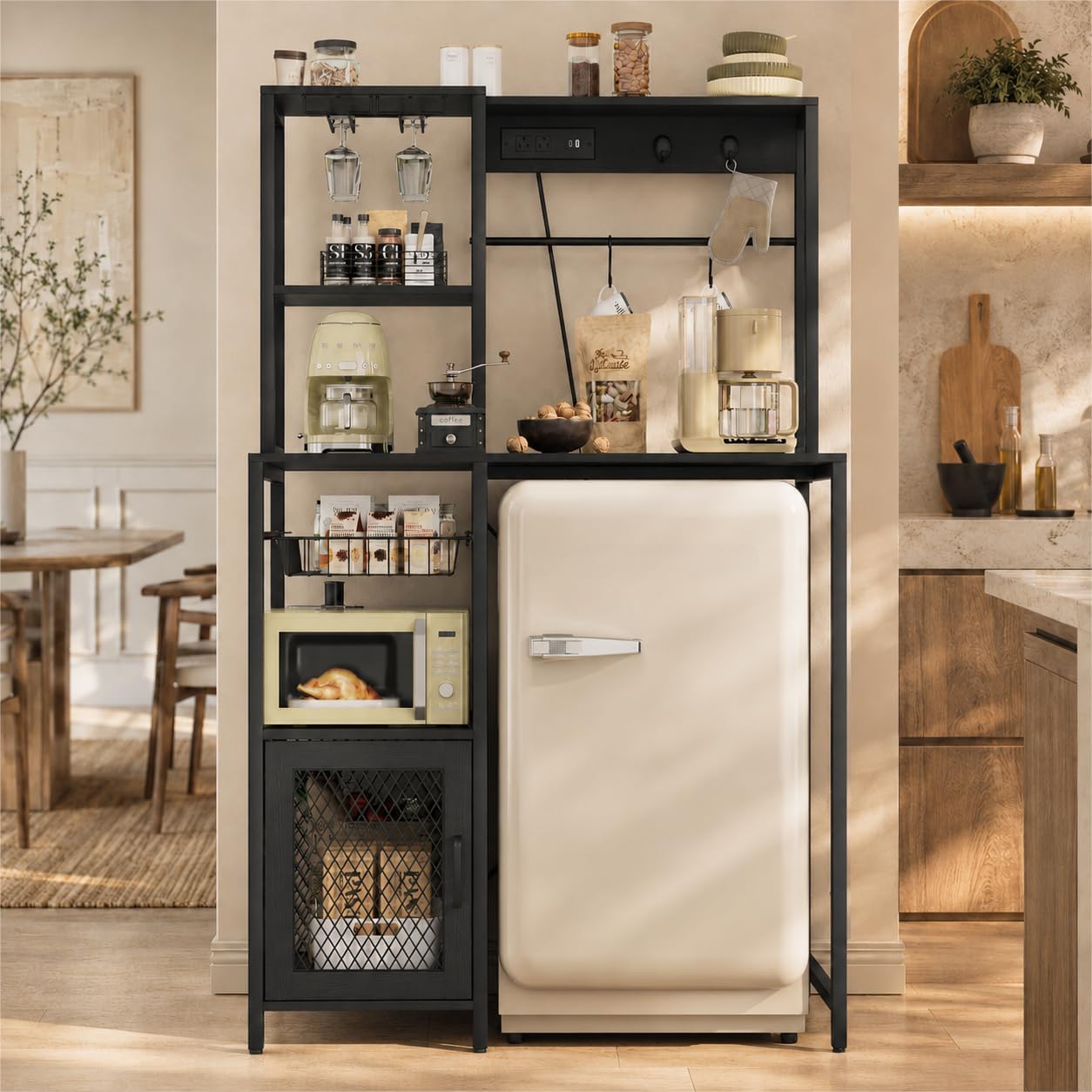 IDEALHOUSE Kitchen Bakers Rack with Refrigerator Storage Space, Industrial Microwave Stand with Power Outlet, Freestanding Kitchen Shelf for Pantry Living Room, 33.9 x 19.7 x 58.1 Inches, Black