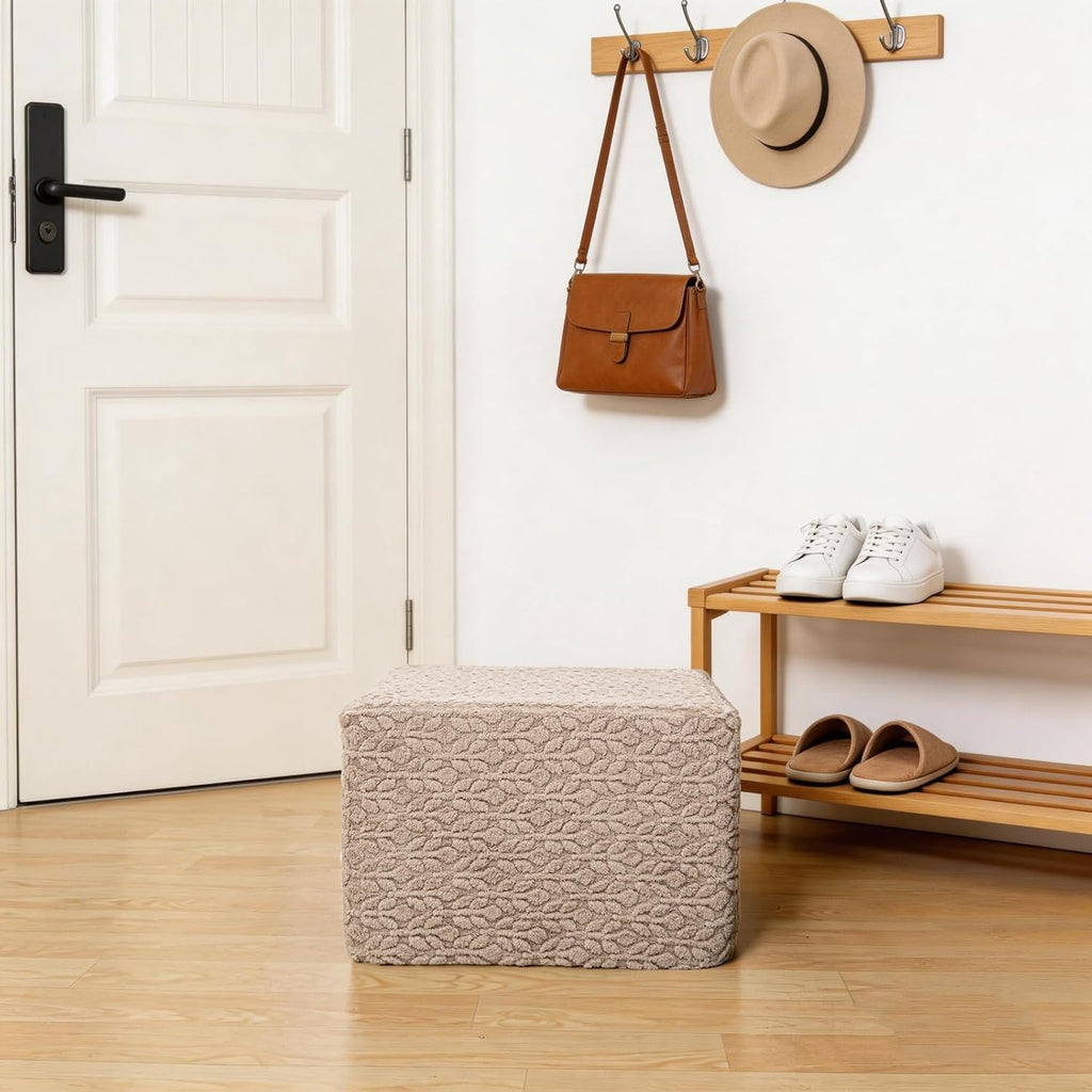 Square Stuffed Pouf Ottoman Poufs with One-Piece Seamless Foam Filling, Furry and Fluffy Pouf Foot Stool, 20 X 14 Floor Poufs Ottoman Foot Rest for Living Room (Light Coffee)