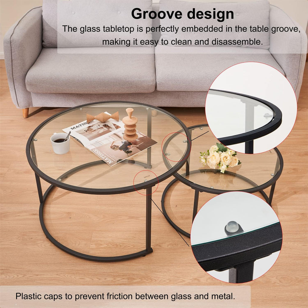 Modern Nesting Glass Coffee Table Set of 2, Round Tempered Glass Coffee Table for Living Room & Bedroom, Space-Saving Design with Adjustable Feet (Large Size + Black Frame)