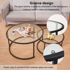 Modern Nesting Glass Coffee Table Set of 2, Round Tempered Glass Coffee Table for Living Room & Bedroom, Space-Saving Design with Adjustable Feet (Large Size + Black Frame)