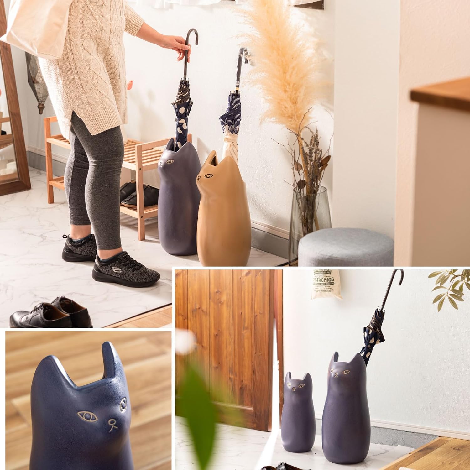 PaletteLife Cat Umbrella Stand, Medium Ceramic Umbrella Holder for Entryway, Cute Scandinavian Decorative Umbrella Rack, Black