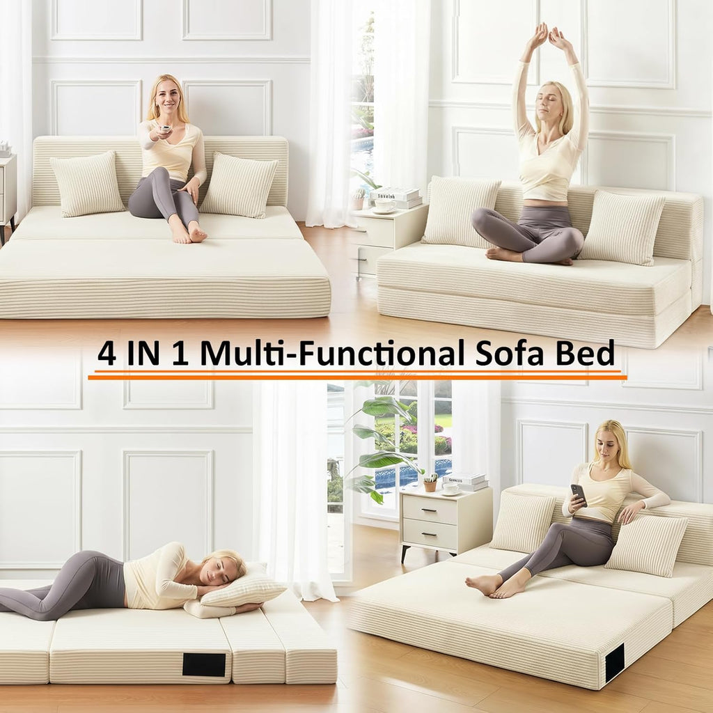 JKMAX Single Size Folding Sofa Bed - 4 in 1 Convertible Sleeper Chair - High Density Memory Foam Futon Couch - Foldable Bed for Living Room Bedroom (Beige)
