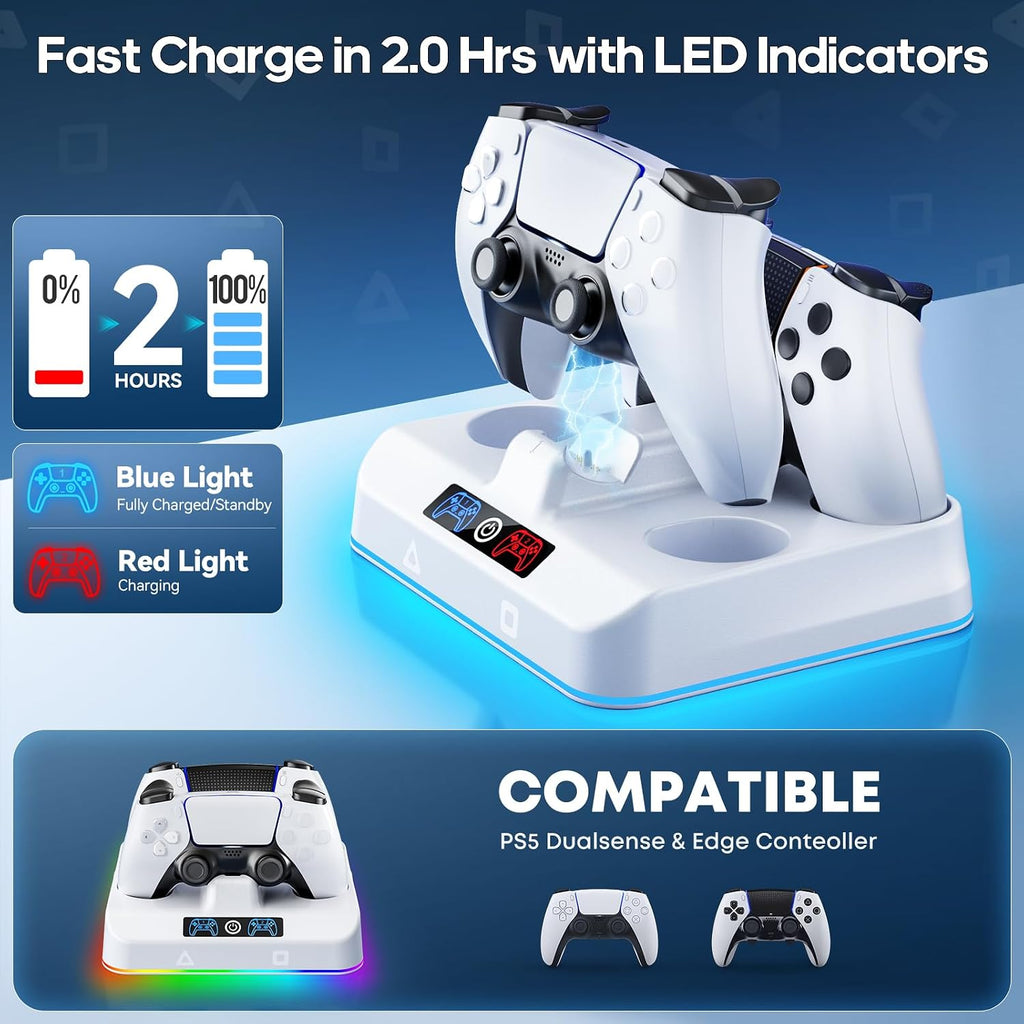 PS5 Controller Charger Station, Drop & Go Design Compatible with Sony PlayStation 5 DualSense/Edge Remotes, Fast Charging Dock with RGB Light & LED Indicator, Must Have PS5 Accessories