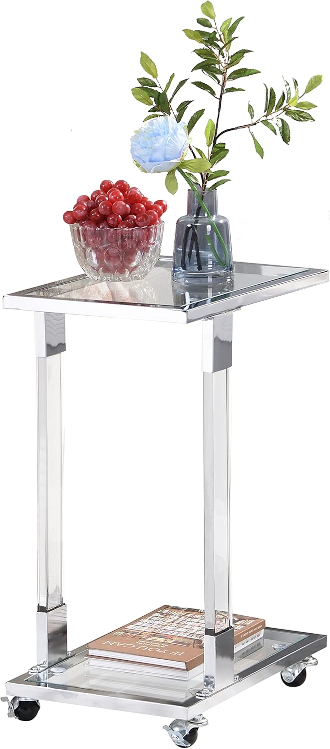 Acrylic Sofa Side Table C Shaped End Table with Wheels, Rolling Bedside Laptop Snack Table with Glass Top,Mobile Breakfast Tray Table with Clear Acrylic Frame