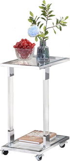 Acrylic Sofa Side Table C Shaped End Table with Wheels, Rolling Bedside Laptop Snack Table with Glass Top,Mobile Breakfast Tray Table with Clear Acrylic Frame