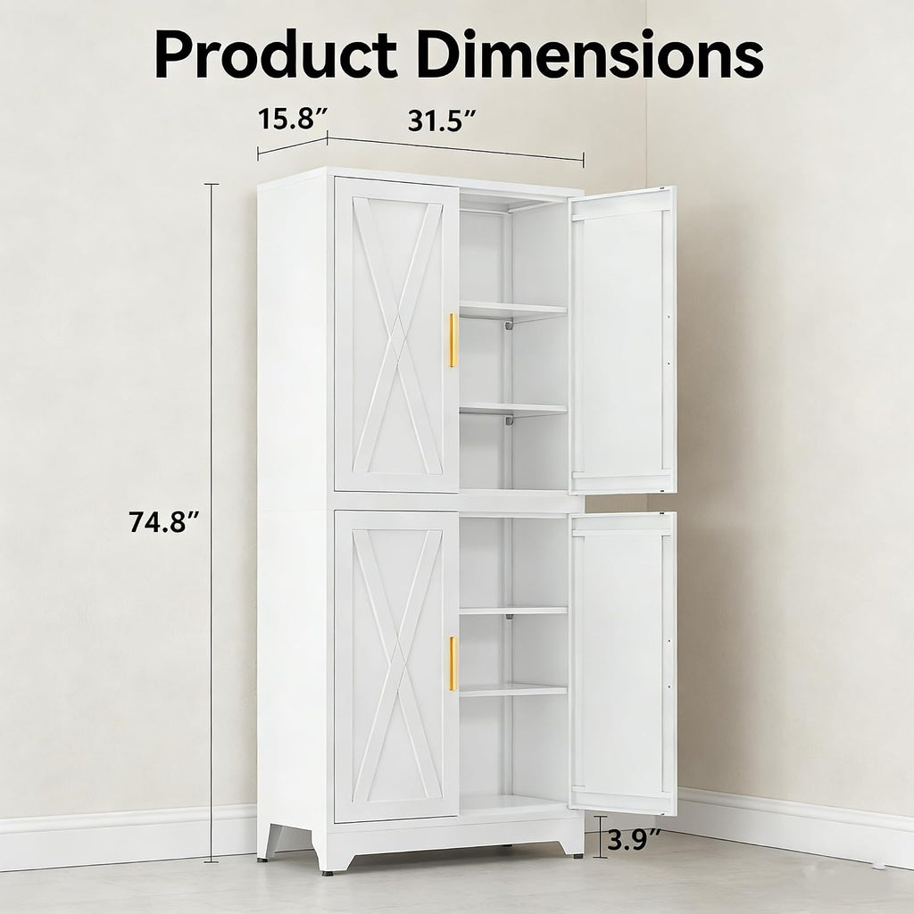 Modular Metal Storage Cabinet,75" White Stackable 2-in-1 Metal Cabinets with 4 Doors & 6 Adjustable Shelves,Freestanding Floor Storage for Kitchen,Home Office Living Room,Dining Room