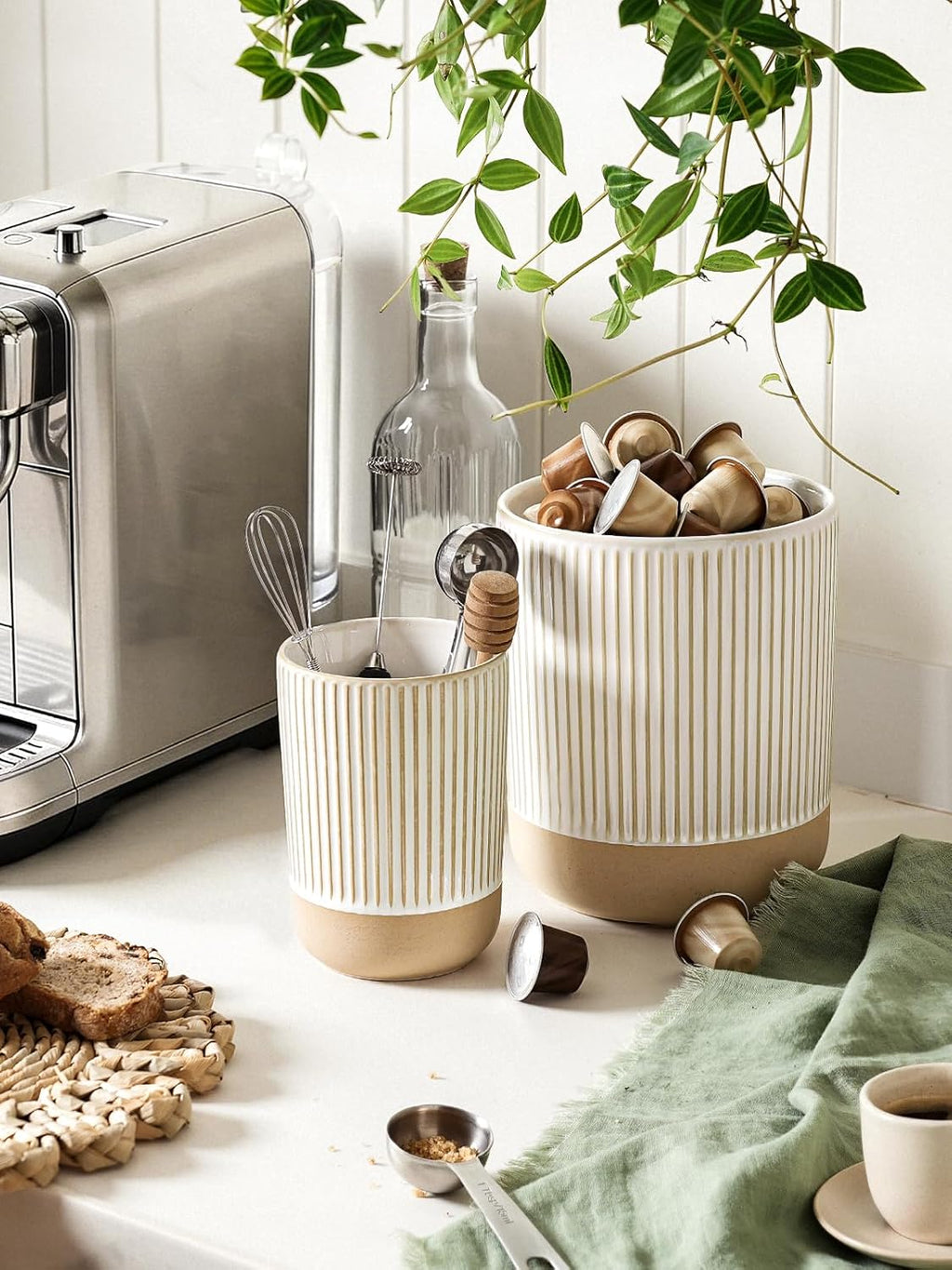 LE TAUCI Ceramic Kitchen Utensil Holder Set of 2 - 6.9"+5.3" Large Cooking Utensil Crock & Organizer for Spatula, Spoon, Whisk - Farmhouse Countertop Storage, Cream Beige, Line