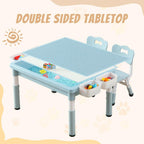 Multi Functional Kids Table and 2 Chairs Set, Graffiti & Building Blocks Double-Sided Tabletop, Toddler Play Table with Drawers, Large Storage Space, Gift for Boys/Girls, Blue