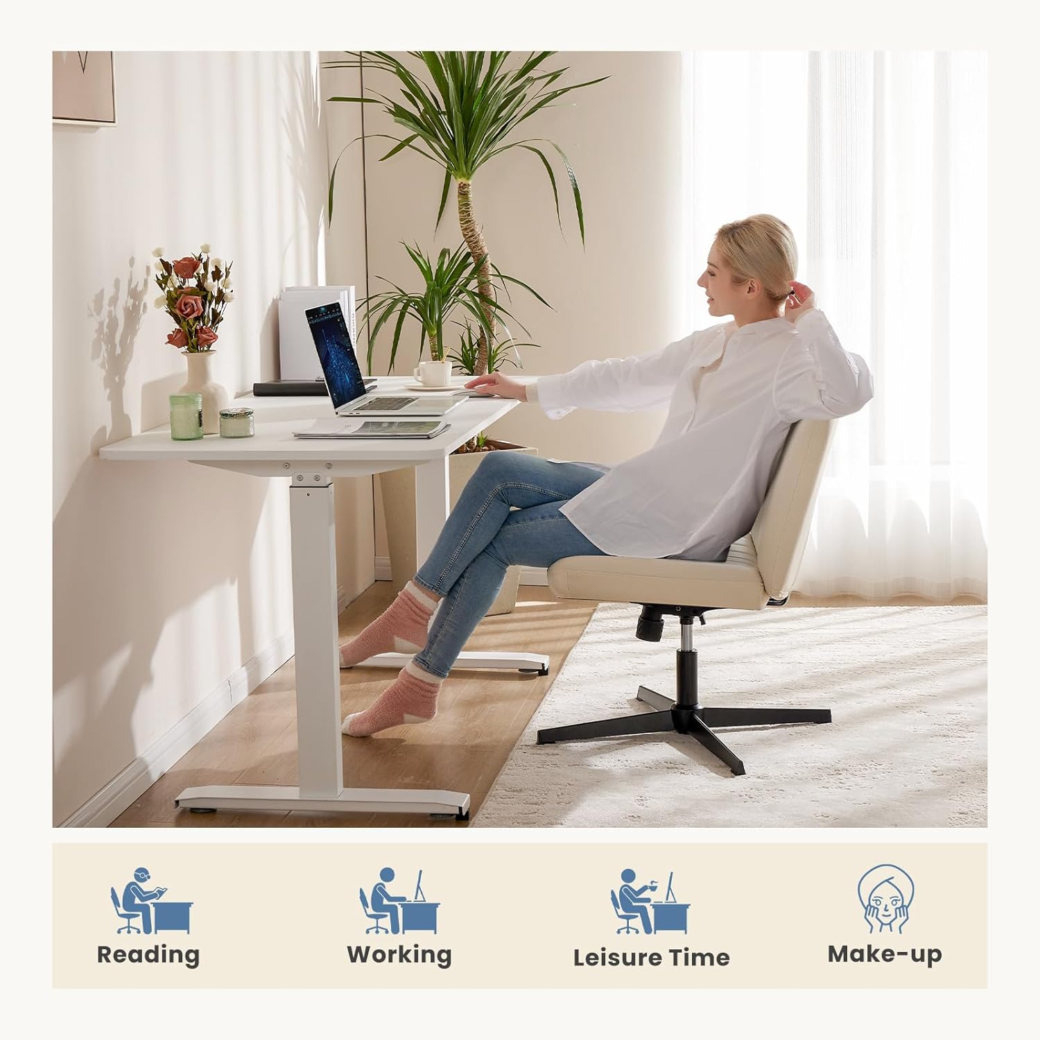 DUMOS Criss Cross Chair No Wheels, Wide Seat Cross Legged Office Desk Vanity Chair, Faux Leather Armless Height Adjustable Swivel Task Computer Chairs for Home, Study, Beige PU